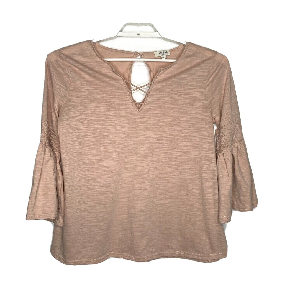 Umgee Women's Top Medium 3/4 Bell Sleeve Light Pink Strappy V-Neck Key Hole Back
